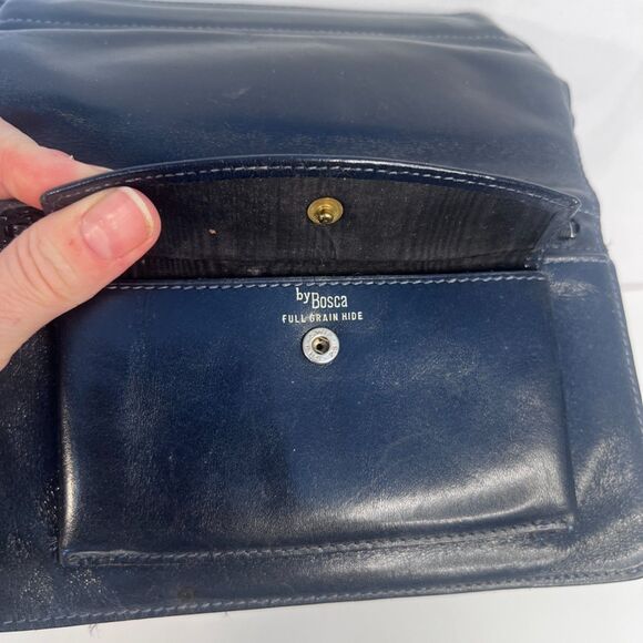 Bosca Leather Snap Top Foldover Pouch Wallet VTG Full Grain Hide Black/Blue - Picture 4 of 9